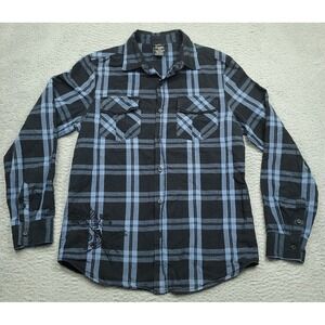 MMA Elite‎ Men's M Shirt Blue Black Plaid Pride Honor Long Sleeve Embroidered